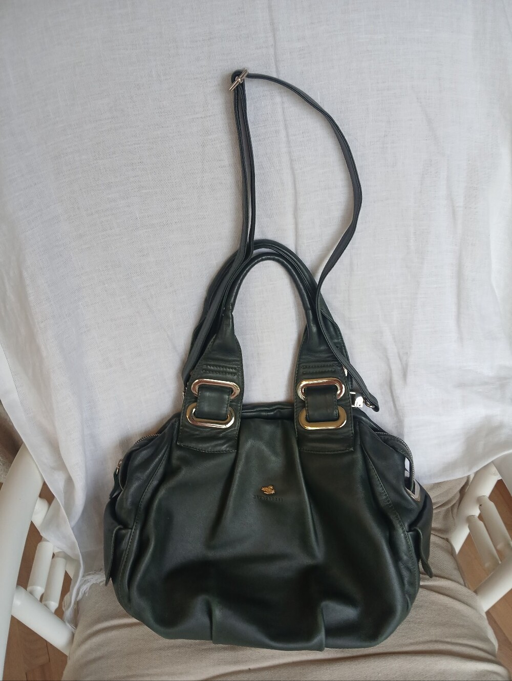 Dark Green Leather Tote Bag with Silver Hardware